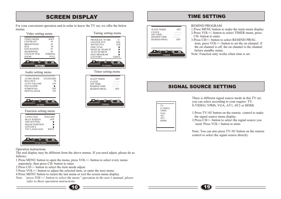 页面 12, Screen display, Time setting 19 | Signal source setting | haier L32A9A-A1 User Manual | Page 12 / 16