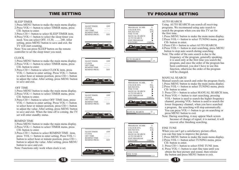 页面 13, Tv program setting, Time setting | haier L32A9A-A1 User Manual | Page 13 / 16