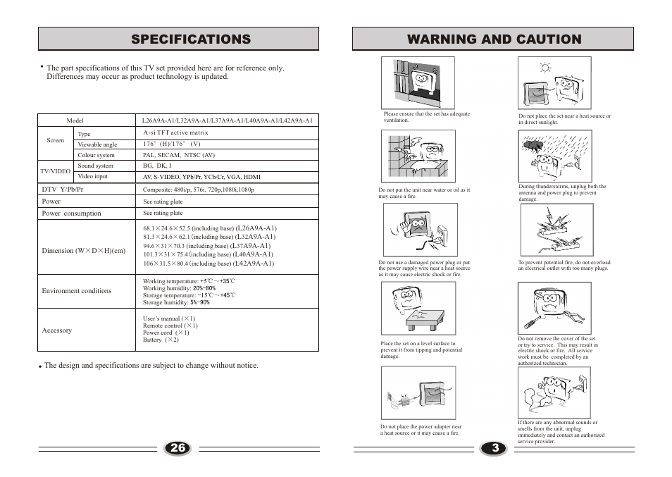 Warning and caution, Specifications | haier L32A9A-A1 User Manual | Page 5 / 16