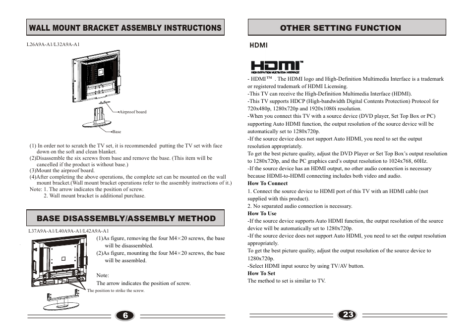 页面 8, Wall mount bracket assembly instructions, Base disassembly/assembly method | Other setting function | haier L32A9A-A1 User Manual | Page 8 / 16