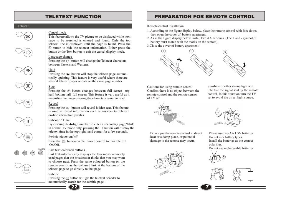 页面 9, 7preparation for remote control, Teletext function | haier L32A9A-A1 User Manual | Page 9 / 16