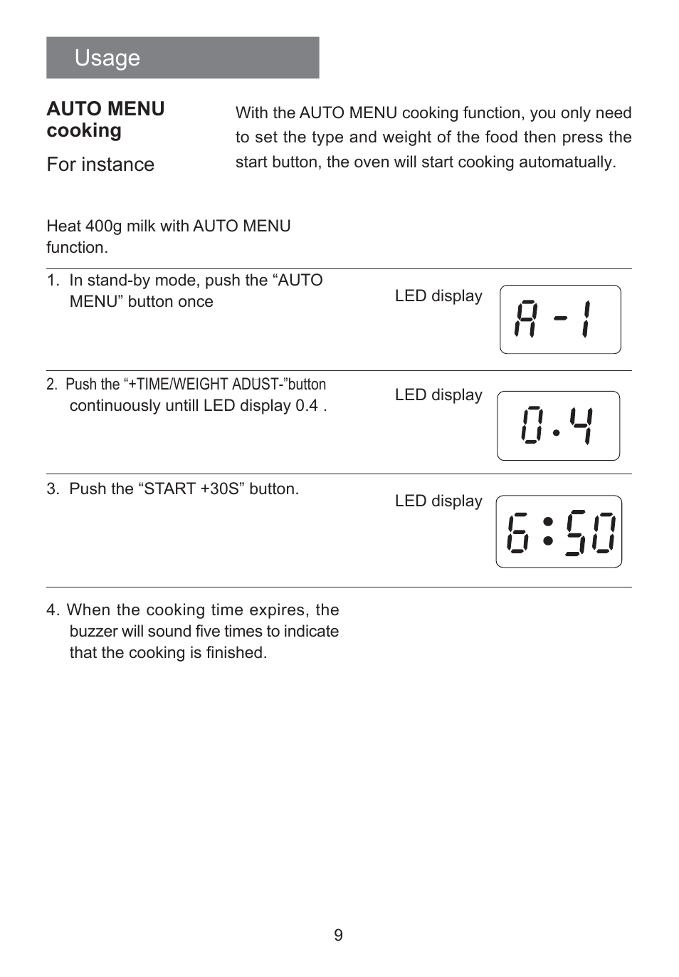 Usage, Auto menu cooking, For instance | haier HR-7803D User Manual | Page 10 / 20