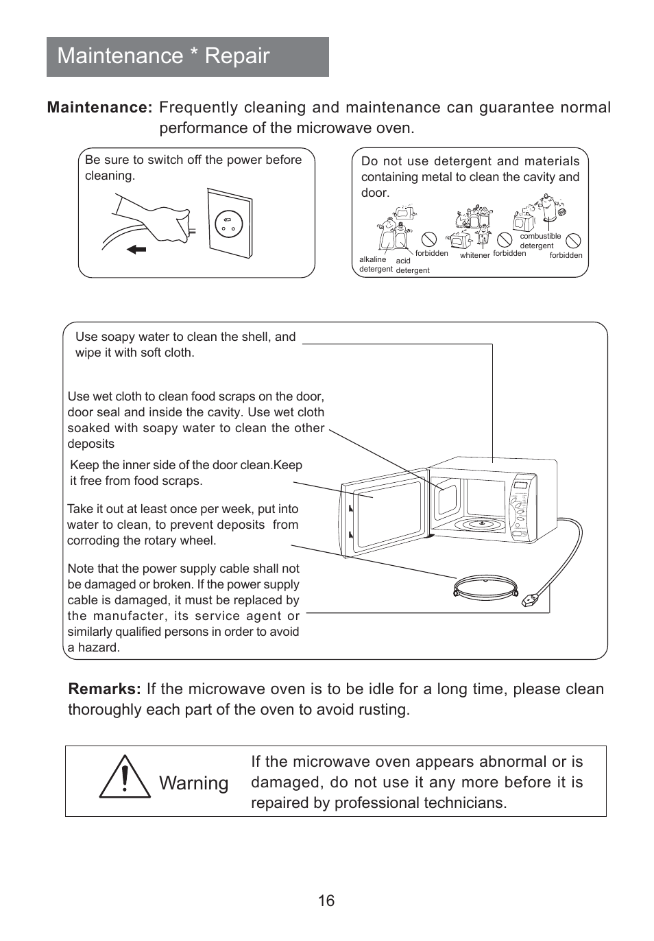 Maintenance * repair, Warning | haier HR-7803D User Manual | Page 17 / 20