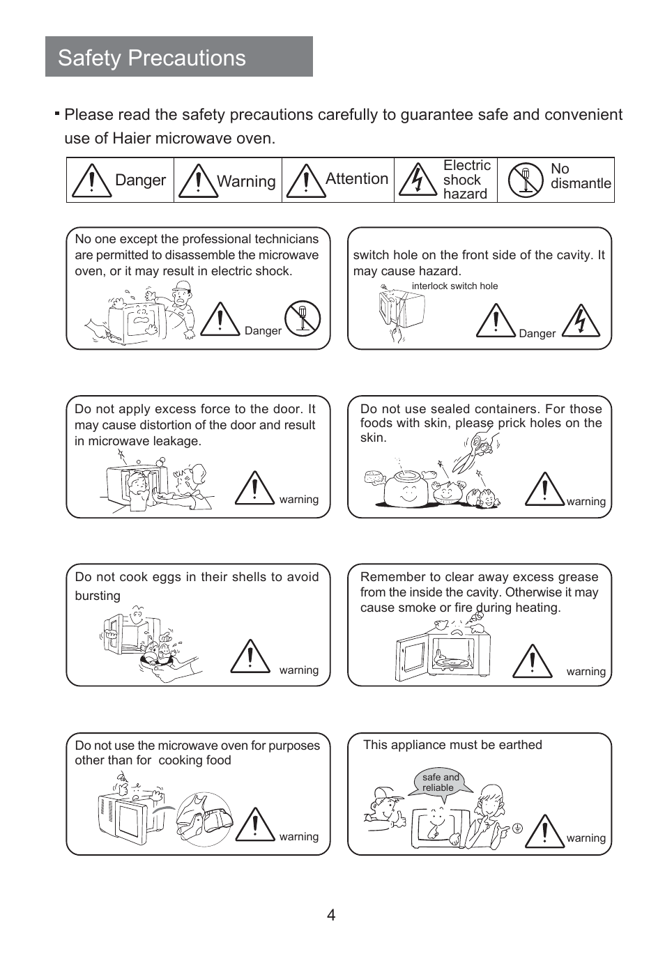 Safety precautions, Attention | haier HR-7803D User Manual | Page 5 / 20