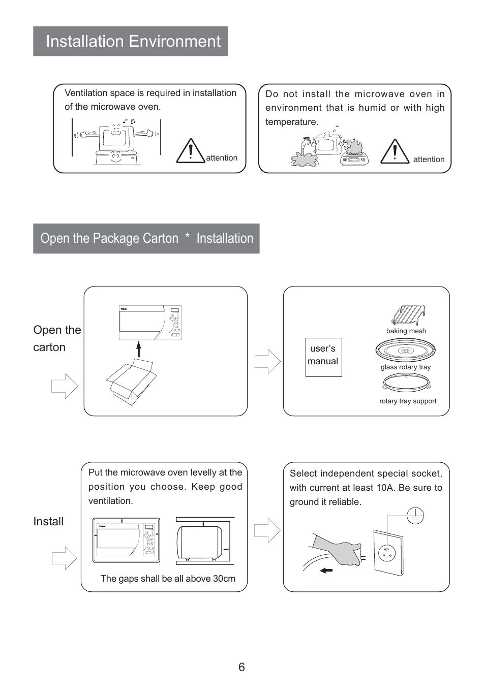 Installation environment, Open the package carton * installation, Open the carton | Install | haier HR-7803D User Manual | Page 7 / 20