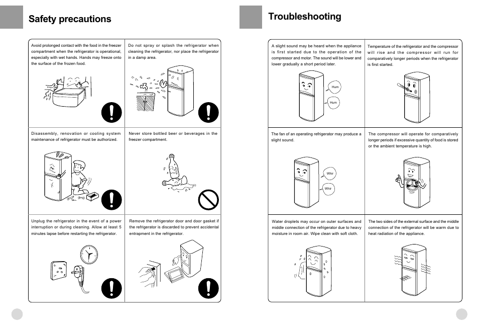 Safety precautions, Troubleshooting | haier HRF-221FR/A User Manual | Page 6 / 12