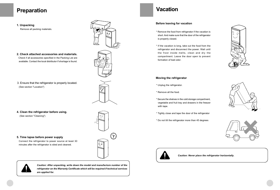 Preparation, Vacation | haier HRF-221FR/A User Manual | Page 8 / 12