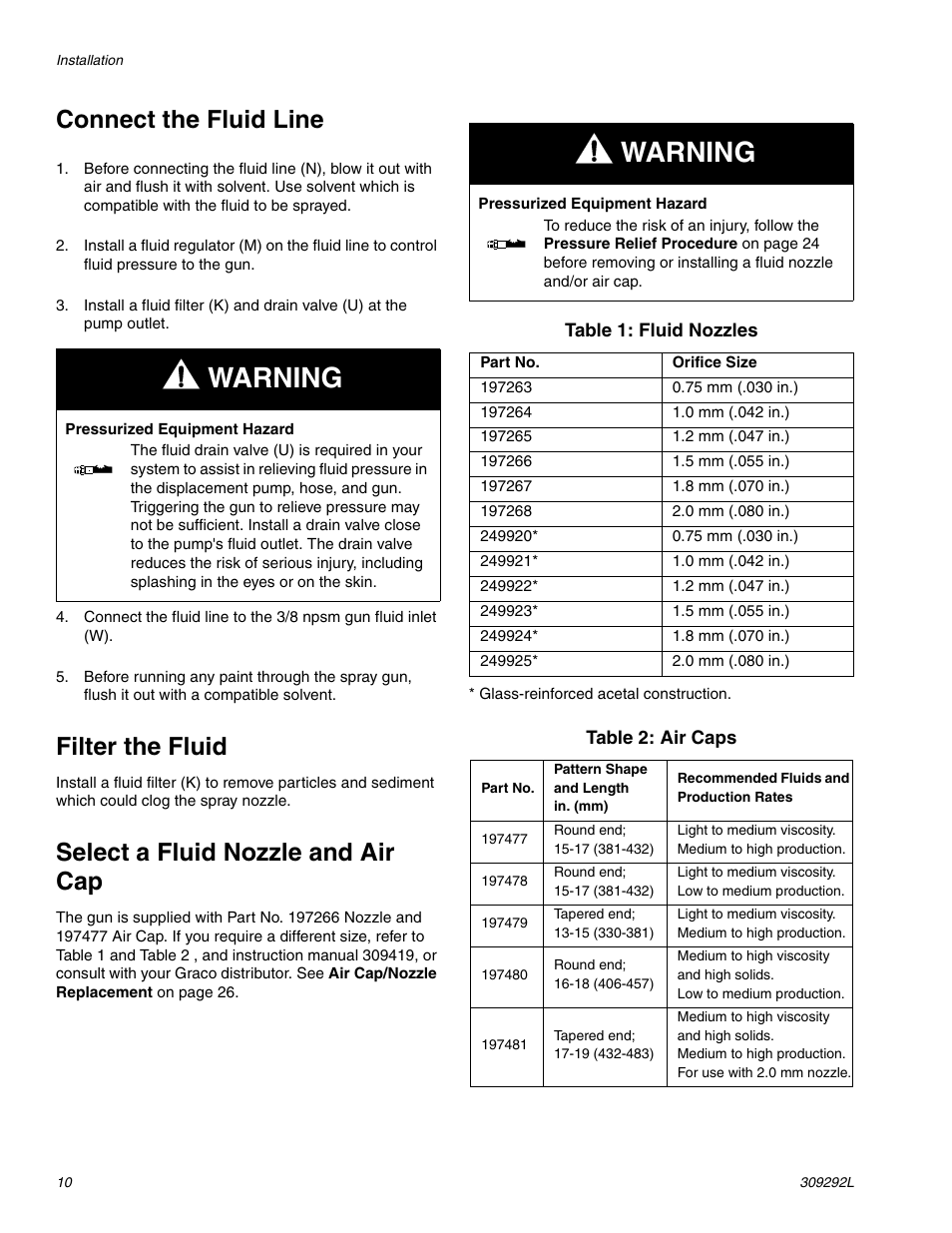 Warning, Connect the fluid line, Filter the fluid | Select a fluid nozzle and air cap | haier PRO XS3 309292L User Manual | Page 10 / 48