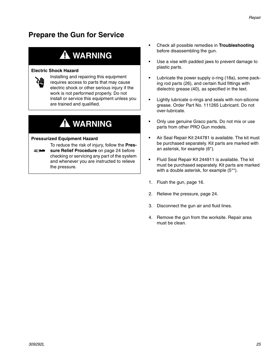 Warning, Prepare the gun for service | haier PRO XS3 309292L User Manual | Page 25 / 48