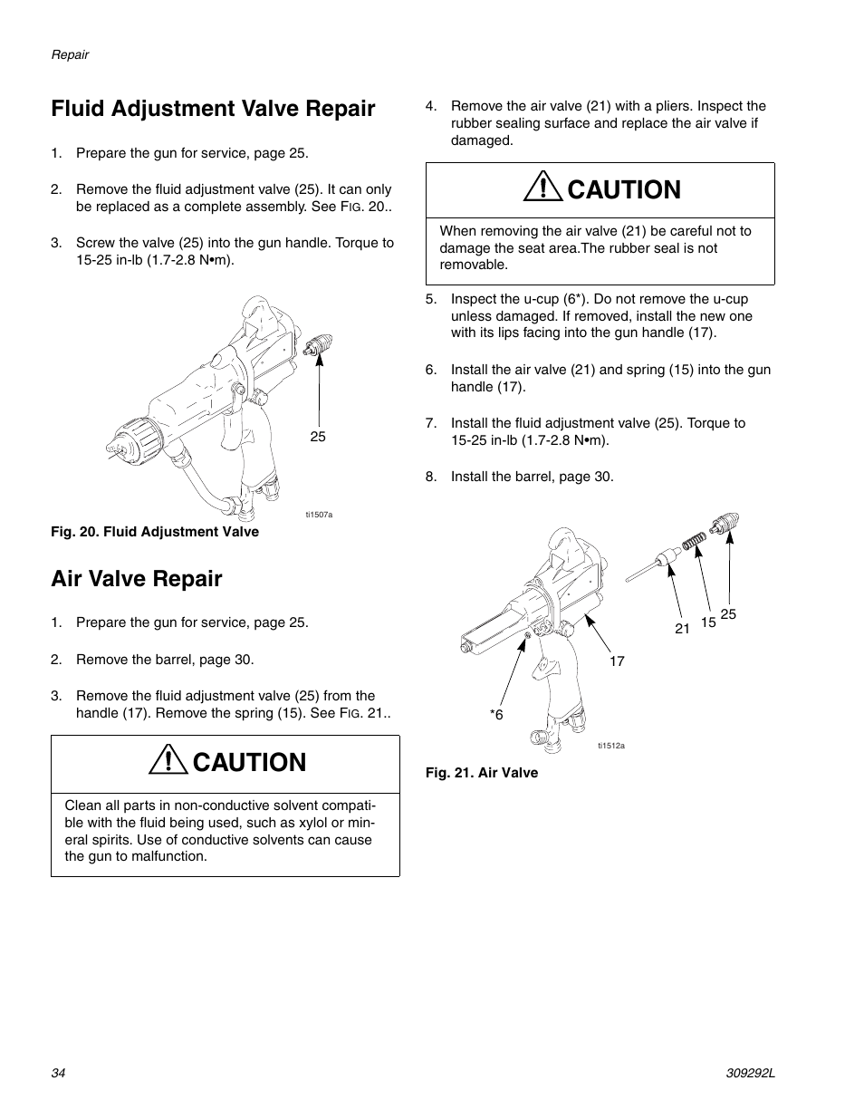 Caution, Fluid adjustment valve repair, Air valve repair | haier PRO XS3 309292L User Manual | Page 34 / 48