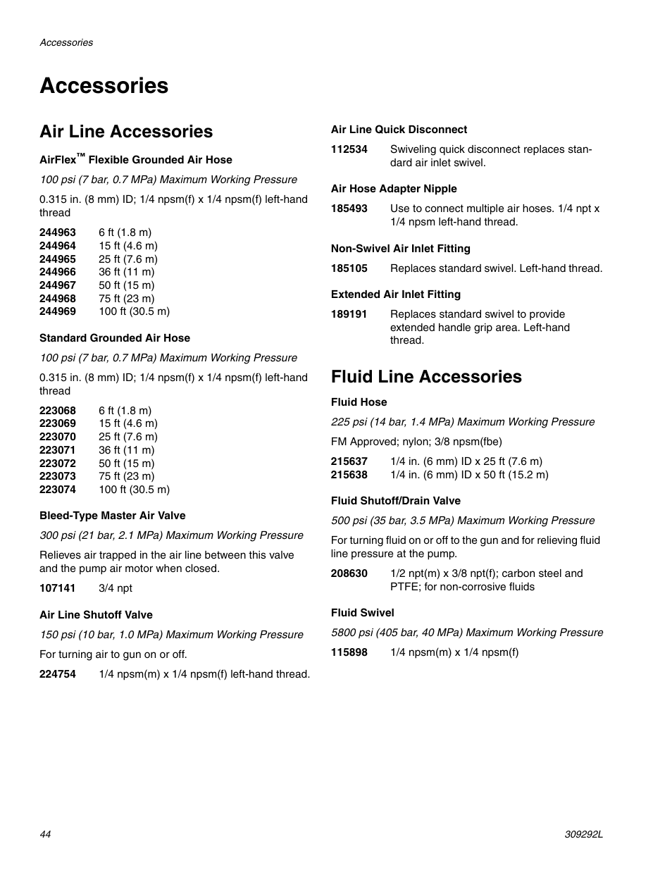 Accessories, Air line accessories, Fluid line accessories | haier PRO XS3 309292L User Manual | Page 44 / 48