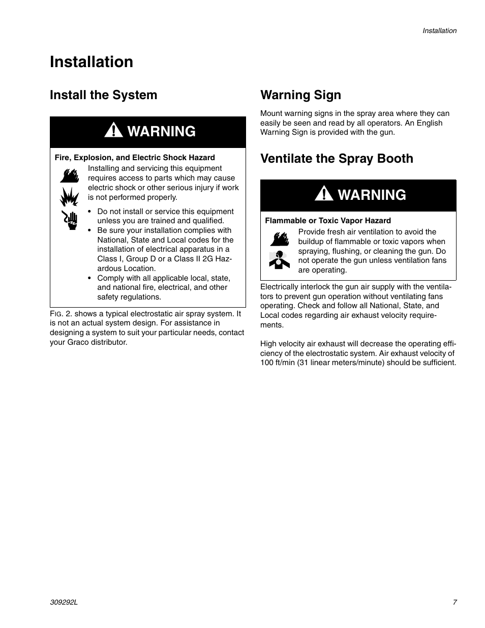 Installation, Ventilate the spray booth o, Warning | Install the system, Warning sign, Ventilate the spray booth | haier PRO XS3 309292L User Manual | Page 7 / 48