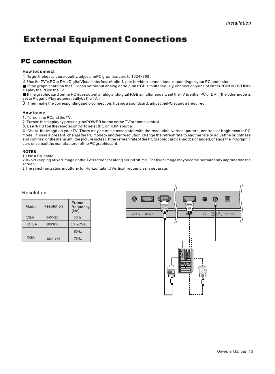 Т³гж 13, External equipment connections, Pc connection | Resolution, Installation | haier HP50B User Manual | Page 13 / 46