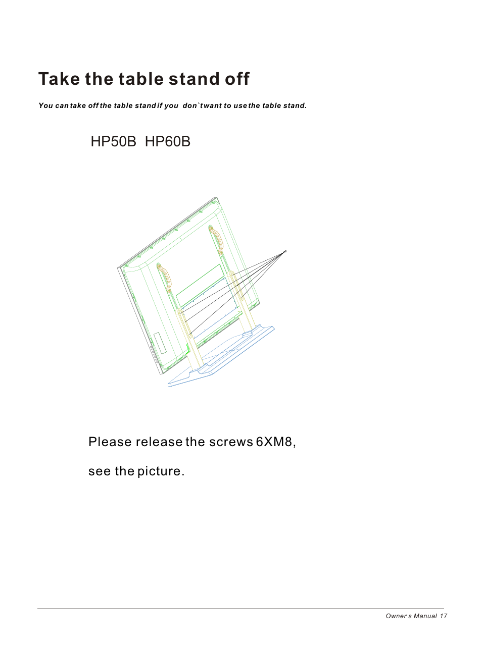 Т³гж 17, Take the table stand off, Hp50b hp60b | haier HP50B User Manual | Page 17 / 46
