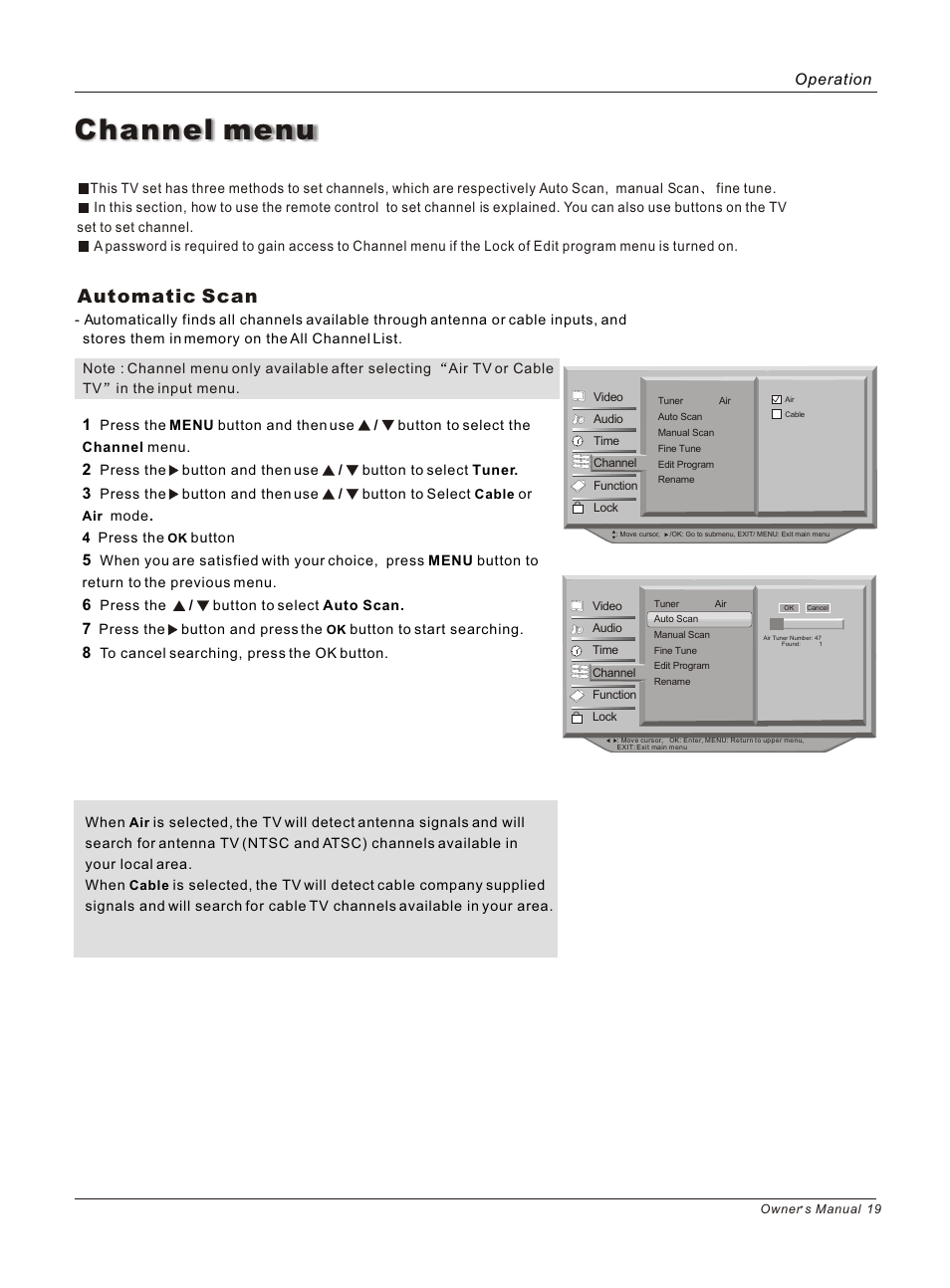 Т³гж 19, Channel menu, Automatic scan | Operation | haier HP50B User Manual | Page 19 / 46