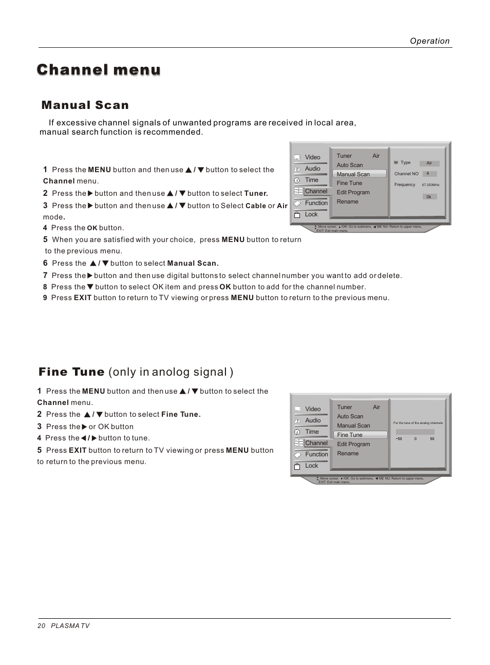 Т³гж 20, Channel menu, Manual scan | Fine tune (only in anolog signal ), Operation | haier HP50B User Manual | Page 20 / 46