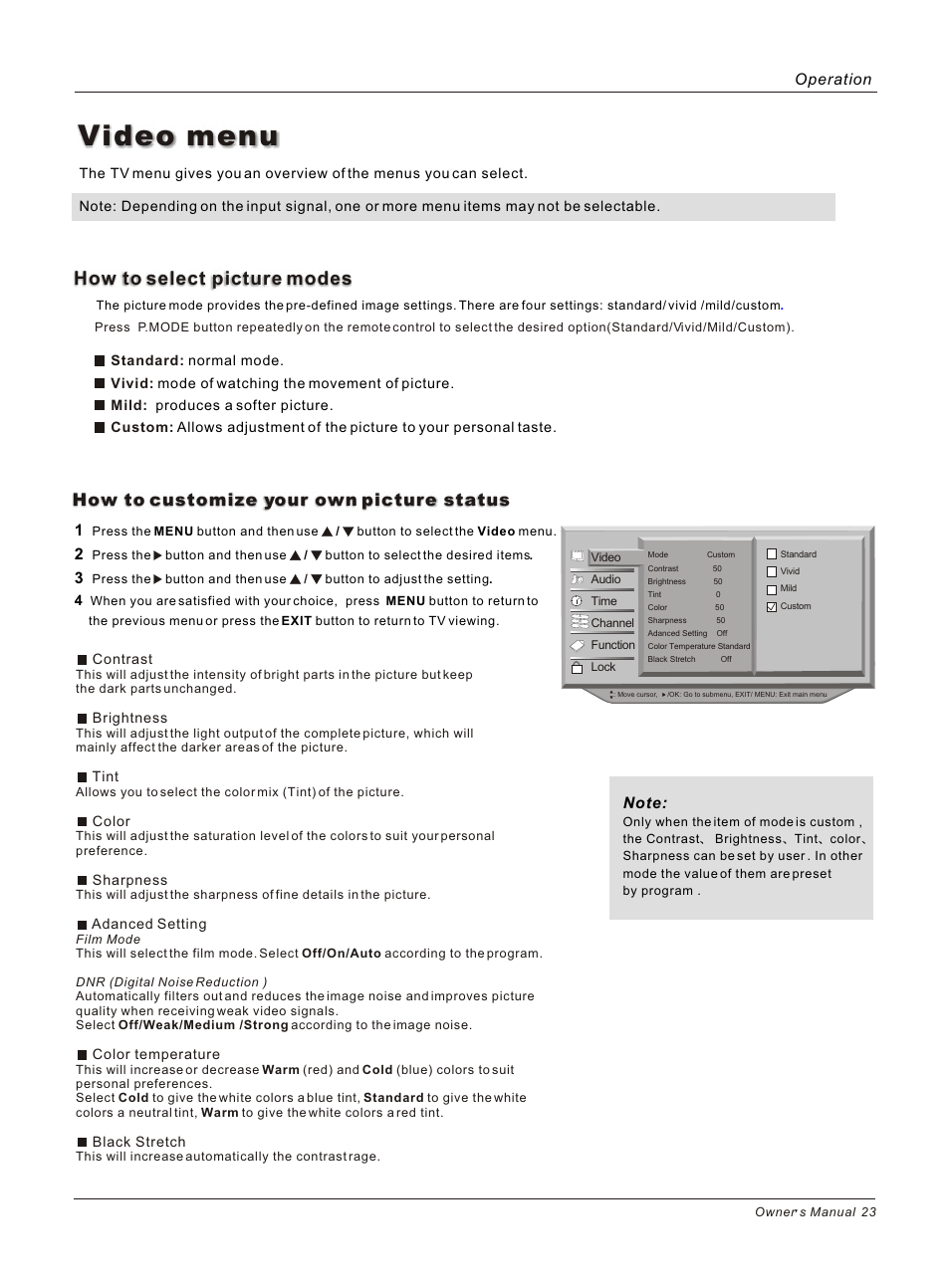 Т³гж 23, Video menu, How to select picture modes | How to customize your own picture status, Operation | haier HP50B User Manual | Page 23 / 46
