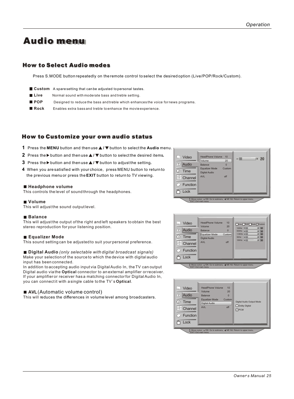Т³гж 25, Audio menu, How to customize your own audio status | How to select audio modes, Automatic volume control), Operation, Headphone volume, Volume, Balance, Equalizer mode | haier HP50B User Manual | Page 25 / 46