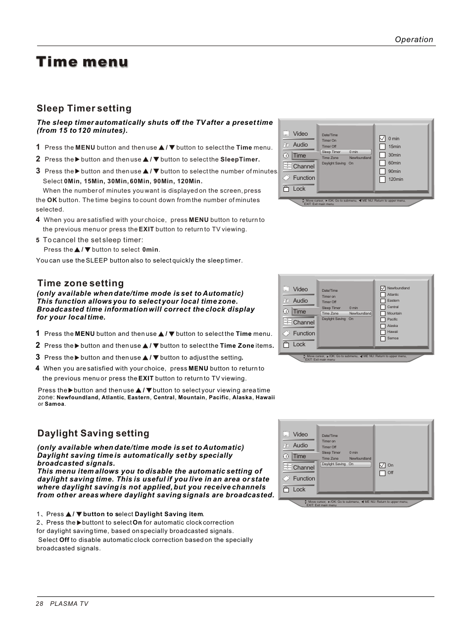 Т³гж 28, Time menu, Sleep timer setting | Time zone setting, Daylight saving setting, Operation | haier HP50B User Manual | Page 28 / 46