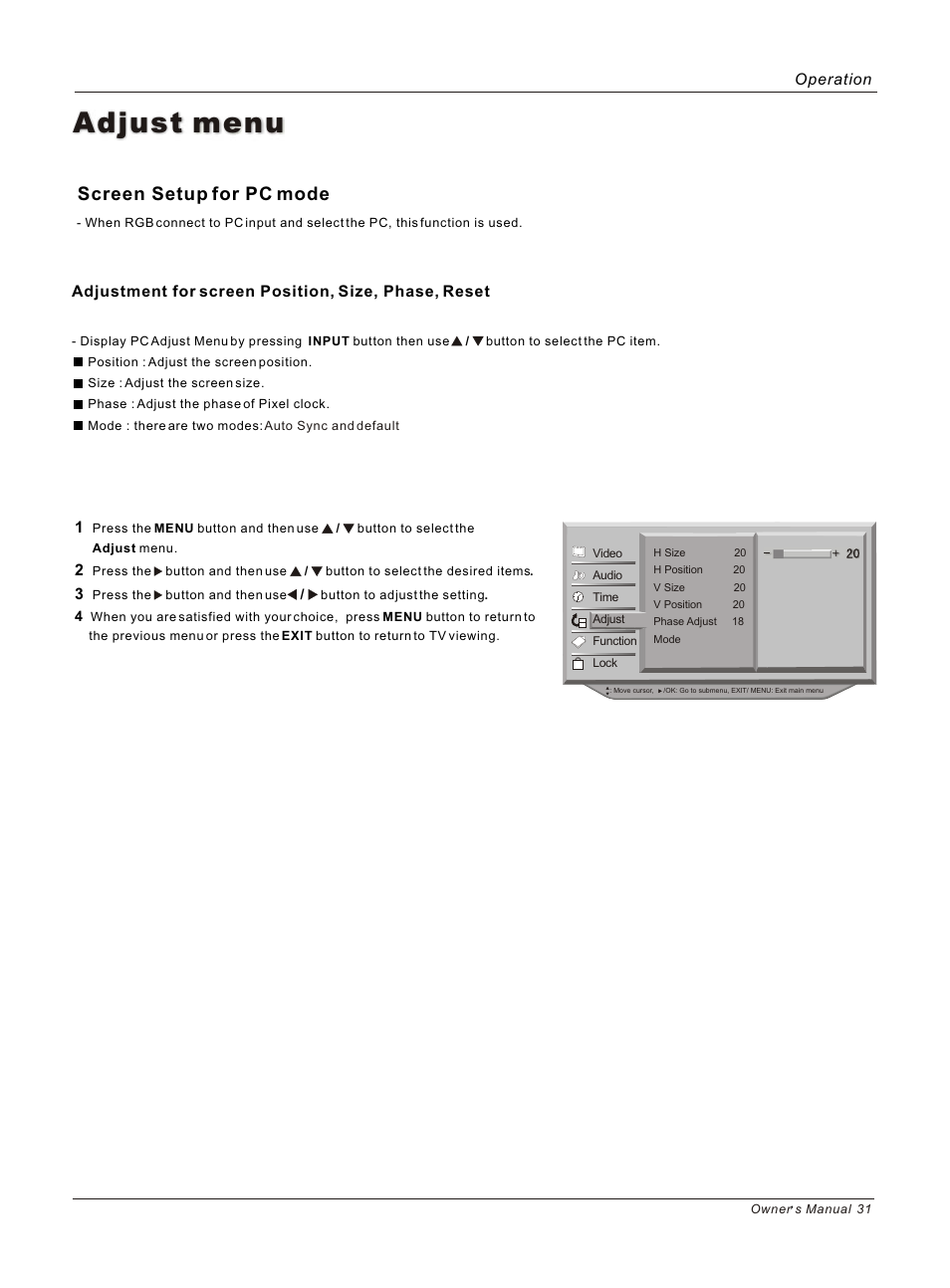 Т³гж 31, Adjust menu, Screen setup for pc mode | haier HP50B User Manual | Page 31 / 46
