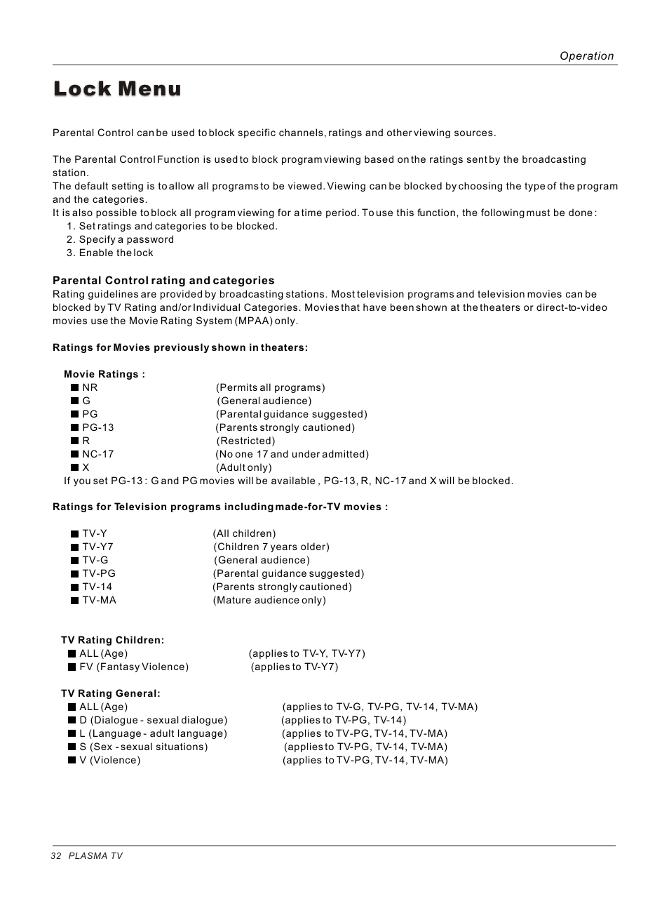 Т³гж 32, Lock menu | haier HP50B User Manual | Page 32 / 46
