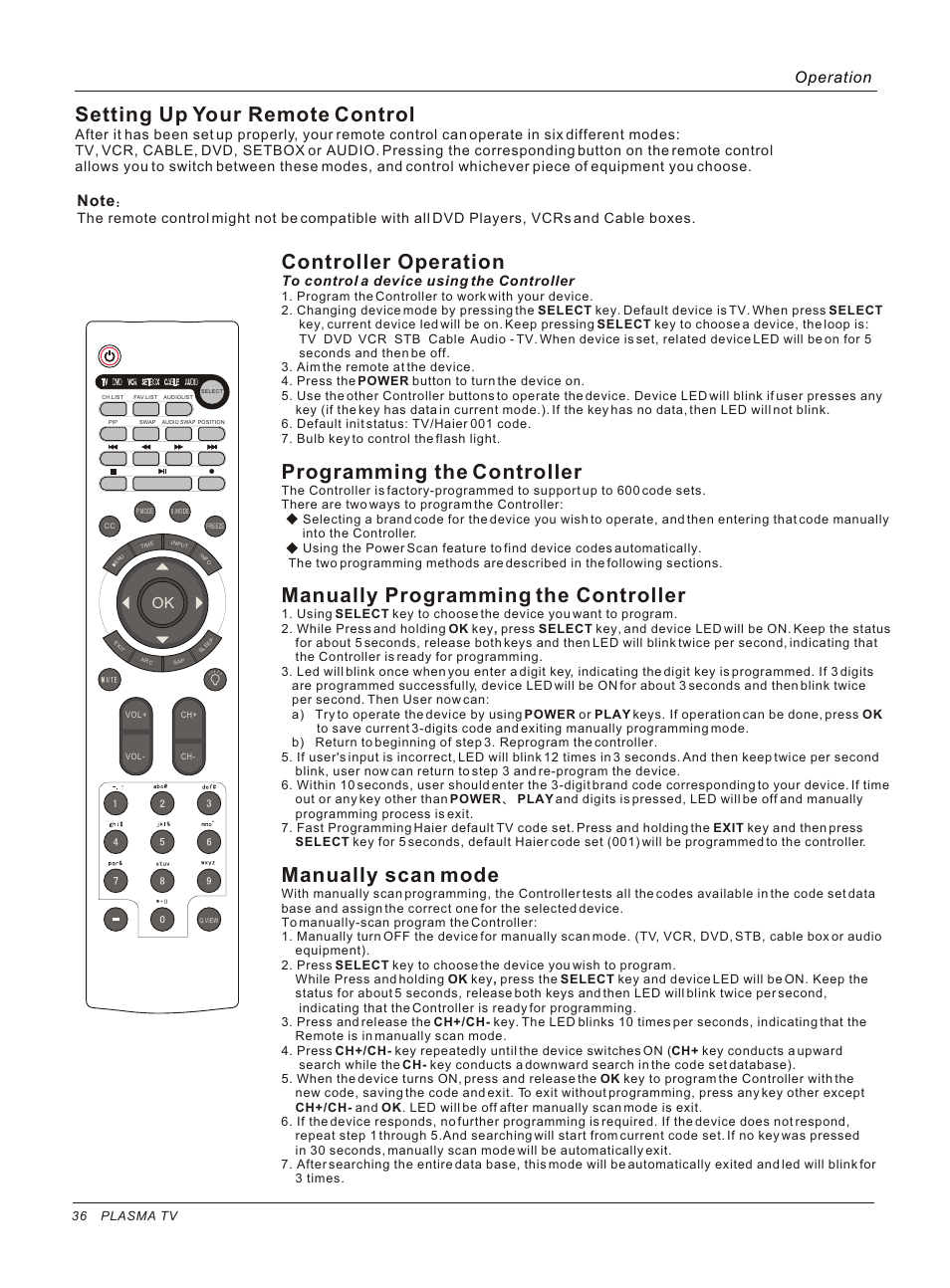 Т³гж 36, Controller operation, Programming the controller | Manually programming the controller, Manually scan mode, Setting up your remote control, Operation | haier HP50B User Manual | Page 36 / 46