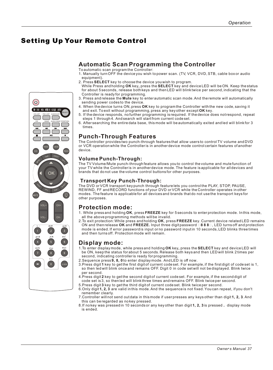 Т³гж 37, Setting up your remote control, Automatic scan programming the controller | Punch-through features, Protection mode, Display mode, Volume punch-through, Transport key punch-through, Operation | haier HP50B User Manual | Page 37 / 46
