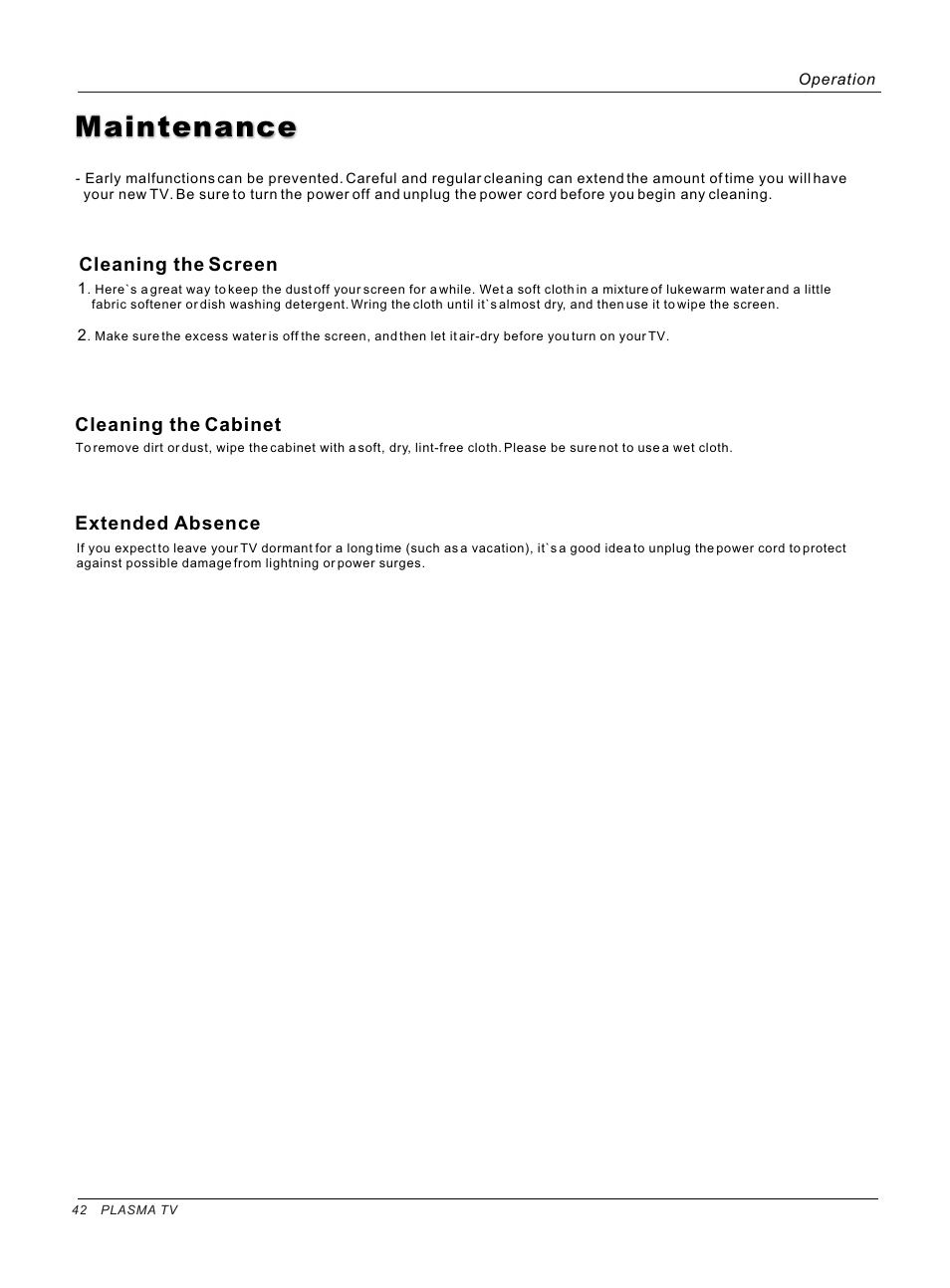 Т³гж 42, Maintenance, Cleaning the screen | Cleaning the cabinet extended absence | haier HP50B User Manual | Page 42 / 46