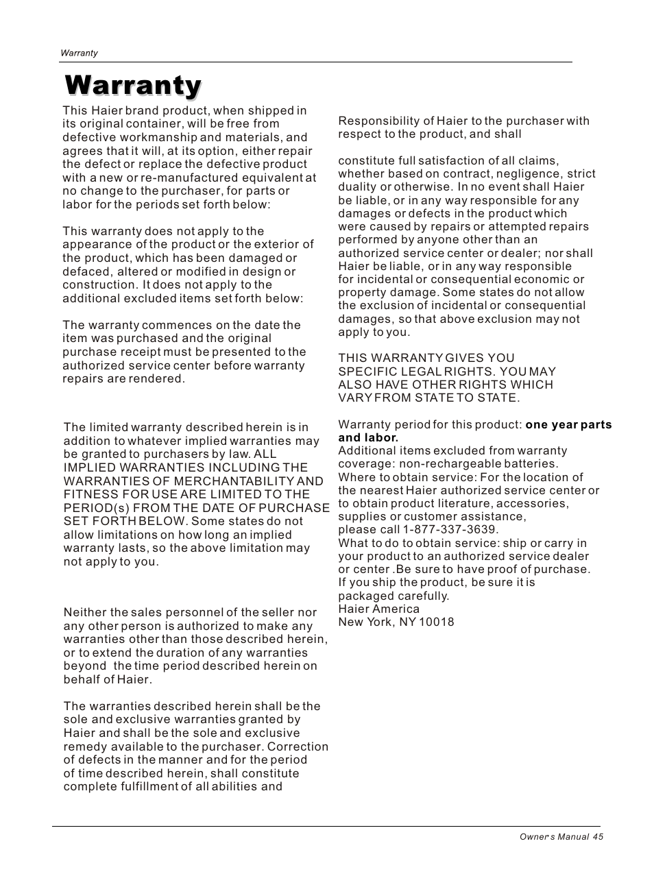 Т³гж 45, Warranty | haier HP50B User Manual | Page 45 / 46