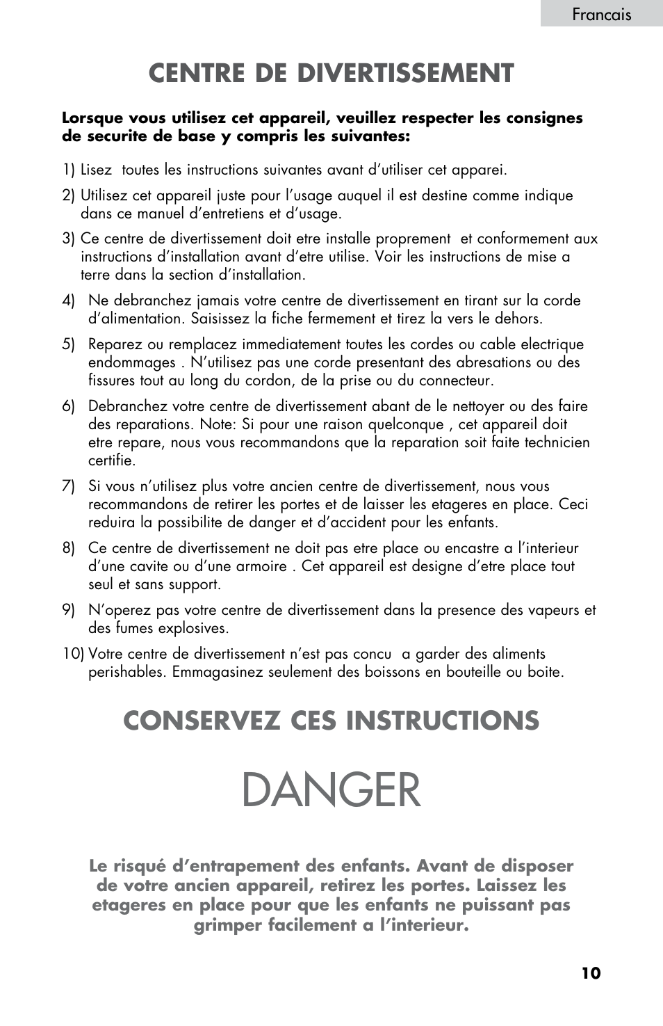 Danger, Centre de divertissement, Conservez ces instructions | haier HBCN05FVS User Manual | Page 11 / 32