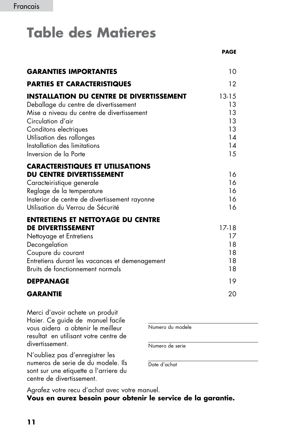 Table des matieres | haier HBCN05FVS User Manual | Page 12 / 32