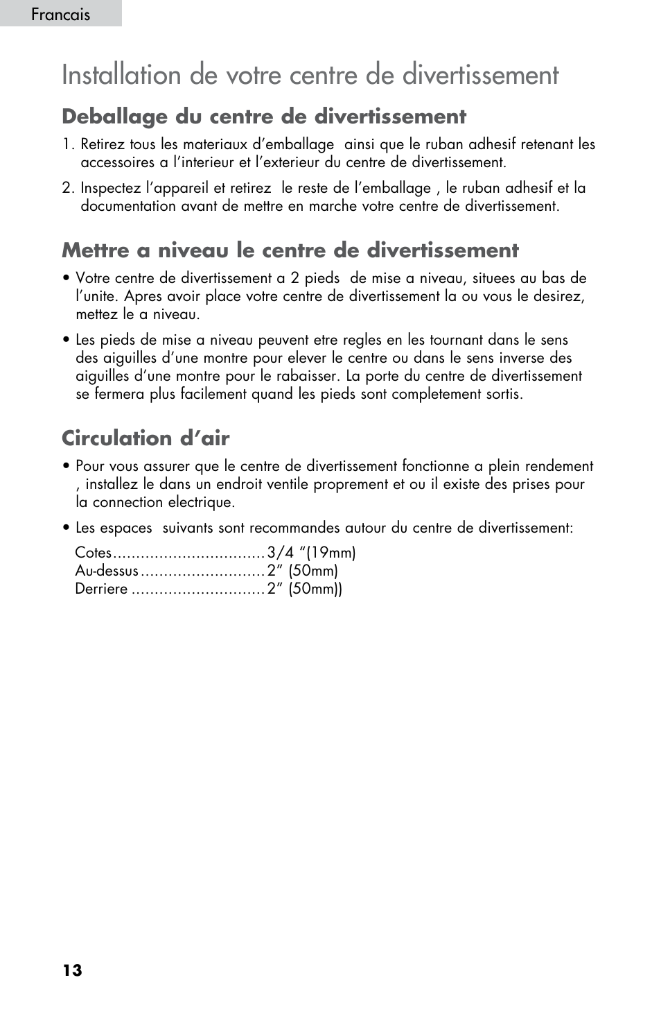 Installation de votre centre de divertissement, Deballage du centre de divertissement, Mettre a niveau le centre de divertissement | Circulation d’air | haier HBCN05FVS User Manual | Page 14 / 32