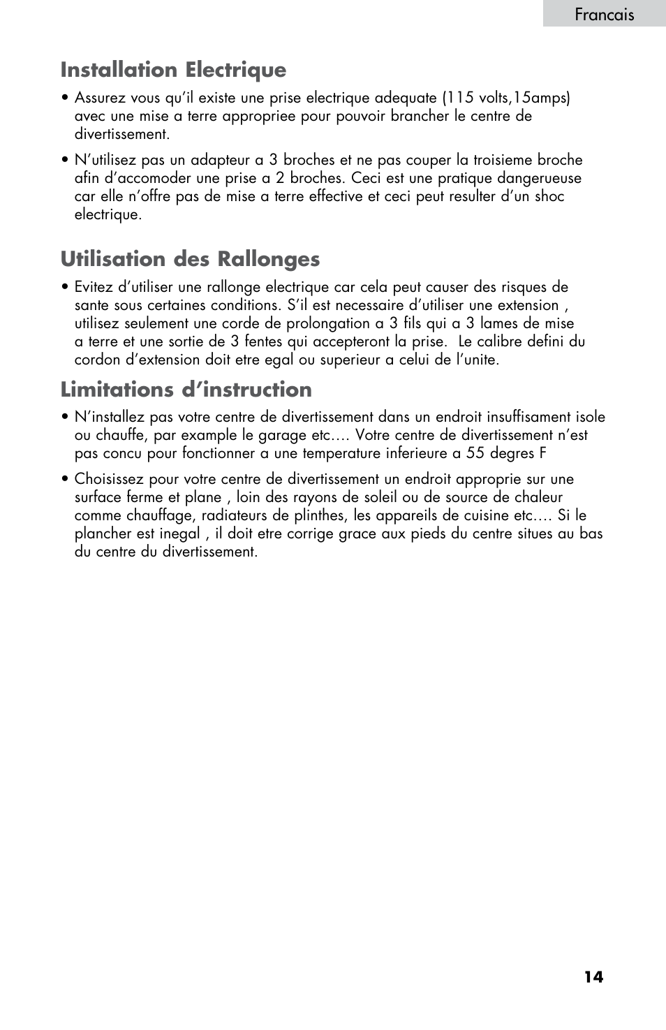 Installation electrique, Utilisation des rallonges, Limitations d’instruction | haier HBCN05FVS User Manual | Page 15 / 32