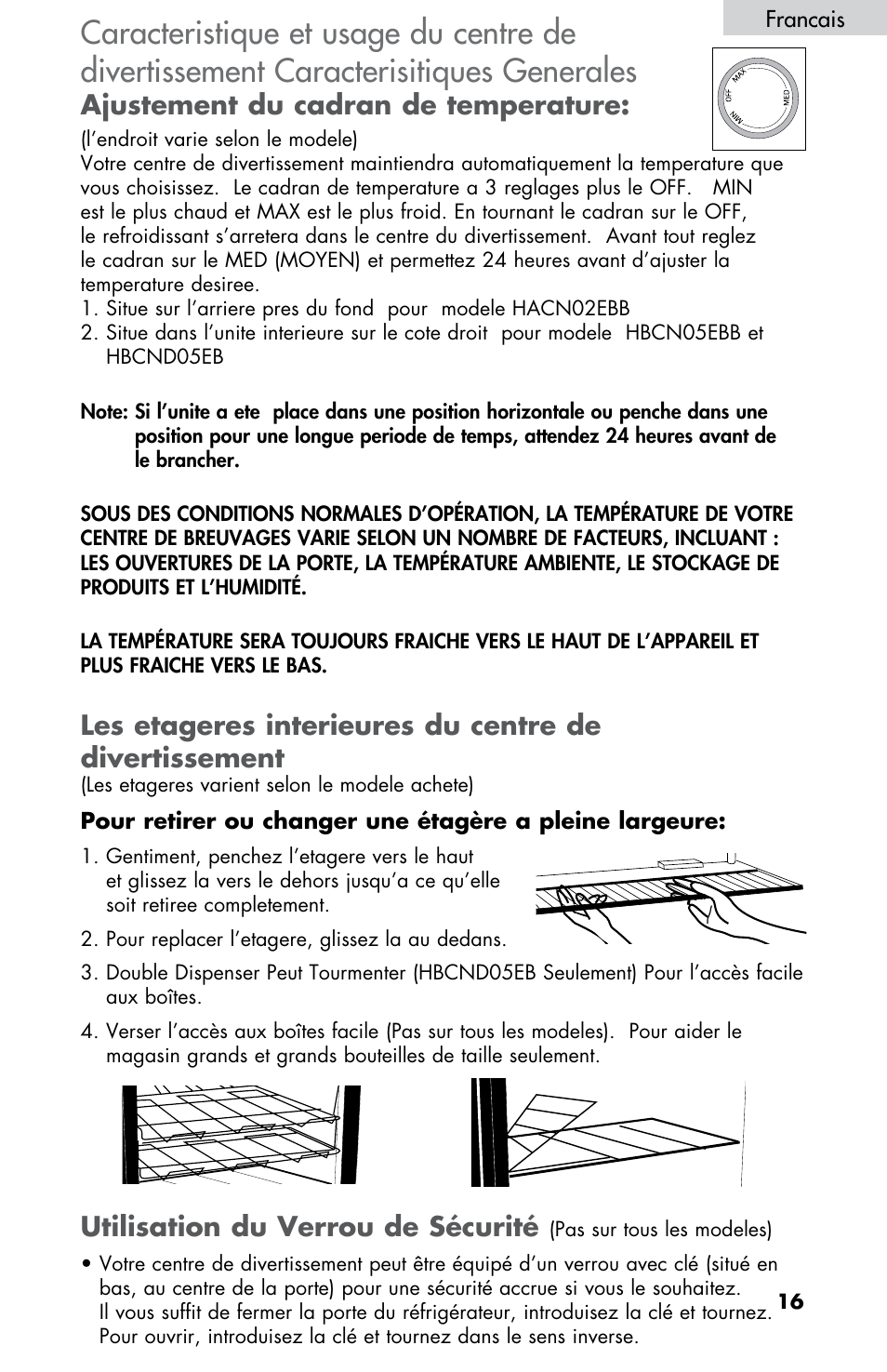 Ajustement du cadran de temperature, Utilisation du verrou de sécurité | haier HBCN05FVS User Manual | Page 17 / 32