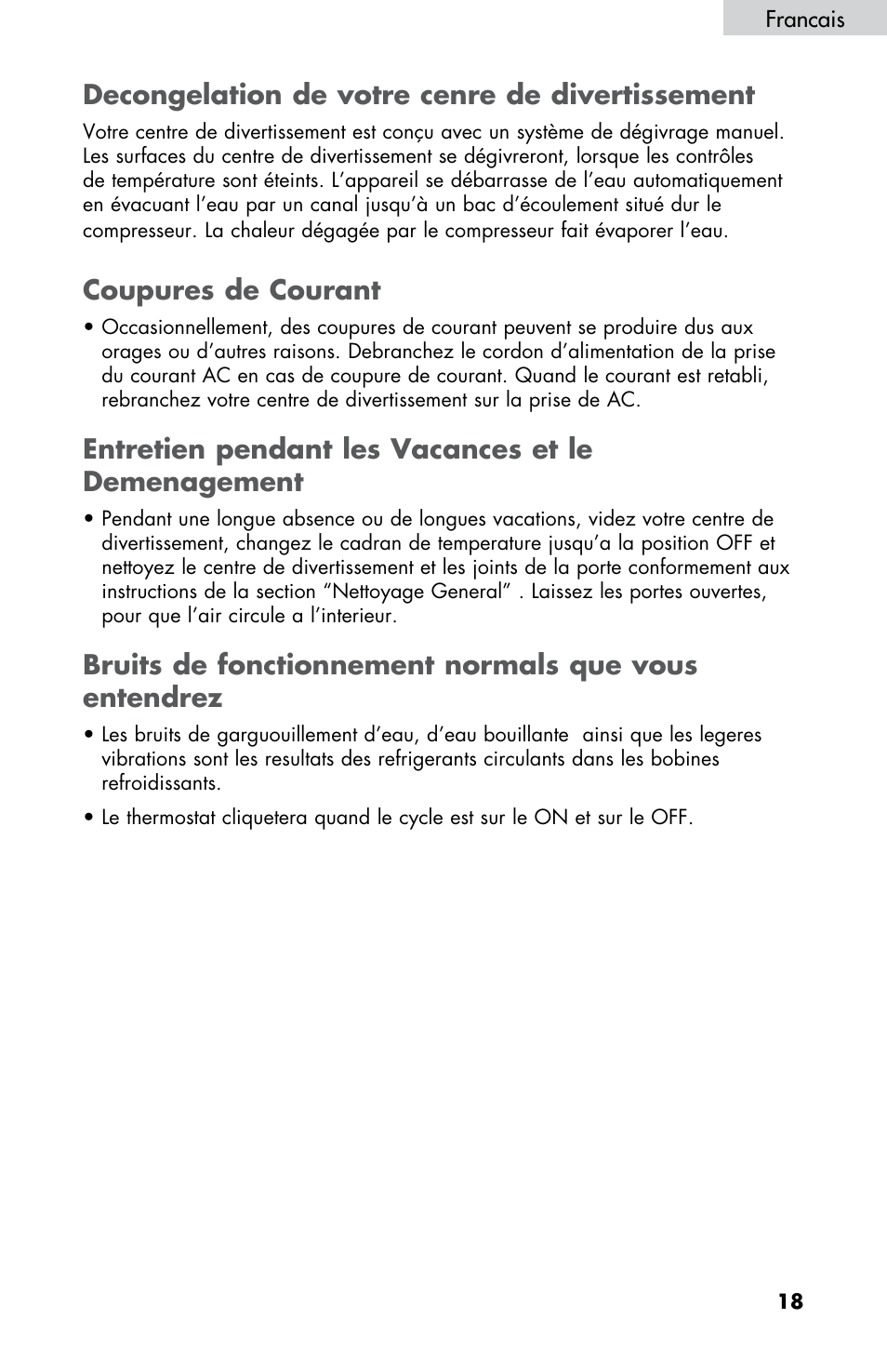 Decongelation de votre cenre de divertissement, Coupures de courant, Entretien pendant les vacances et le demenagement | haier HBCN05FVS User Manual | Page 19 / 32