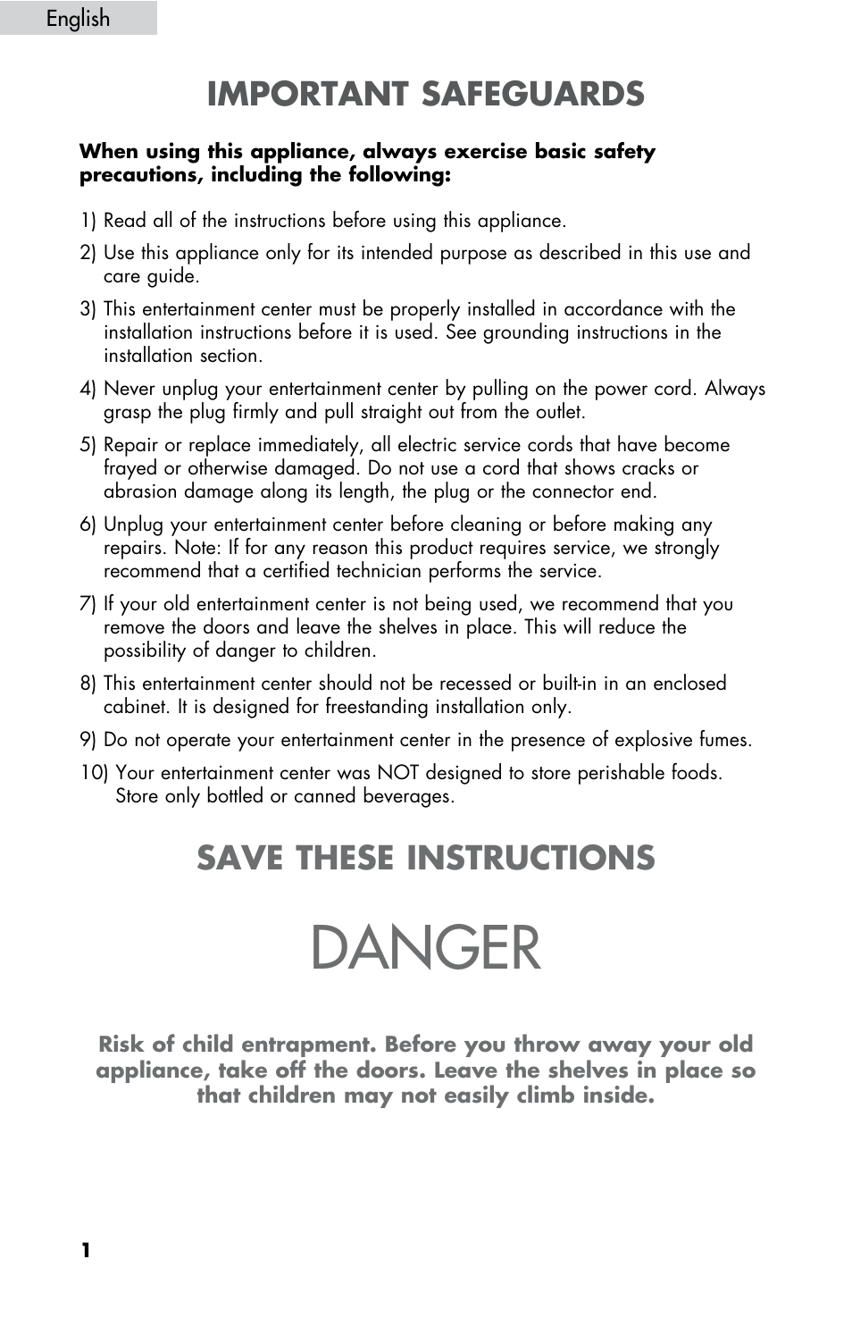 Danger, Important safeguards, Save these instructions | haier HBCN05FVS User Manual | Page 2 / 32