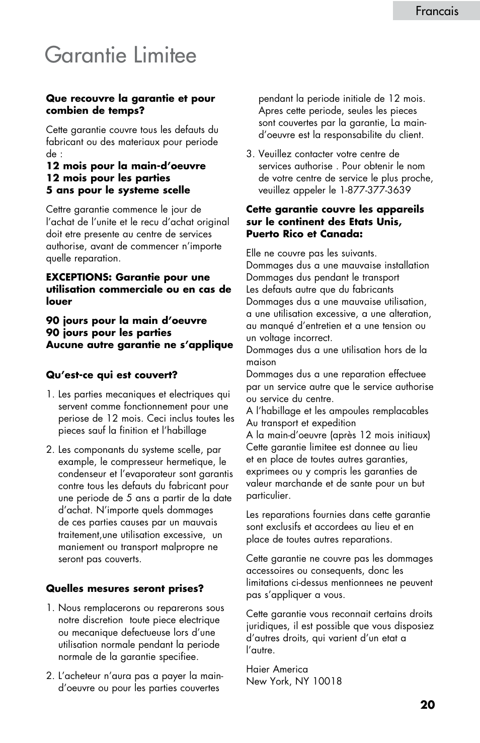 Garantie limitee, Francais | haier HBCN05FVS User Manual | Page 21 / 32
