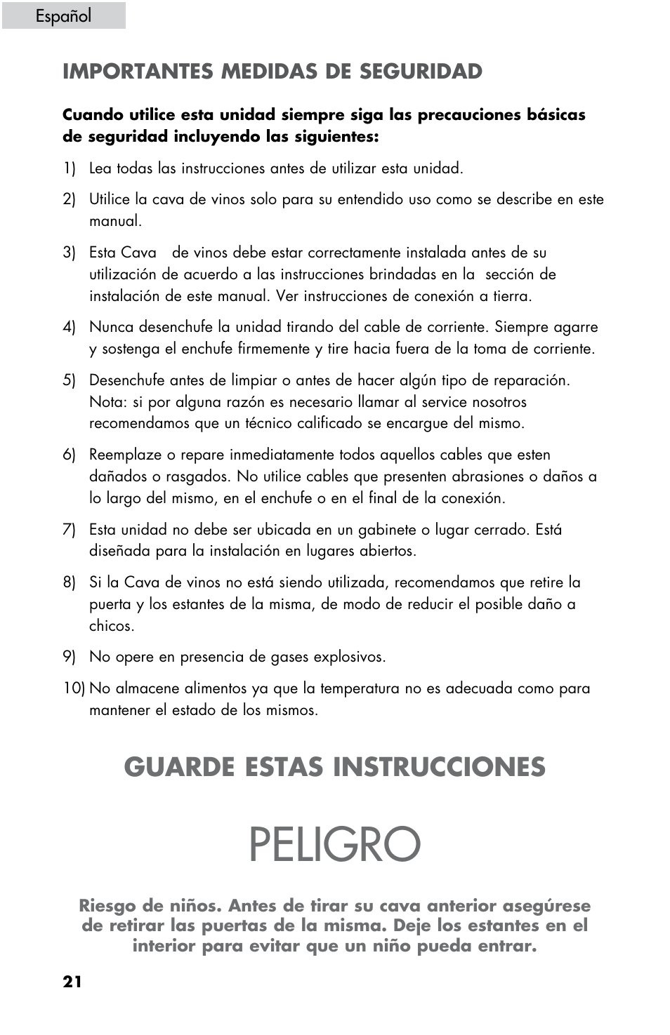 Peligro, Guarde estas instrucciones, Importantes medidas de seguridad | haier HBCN05FVS User Manual | Page 22 / 32