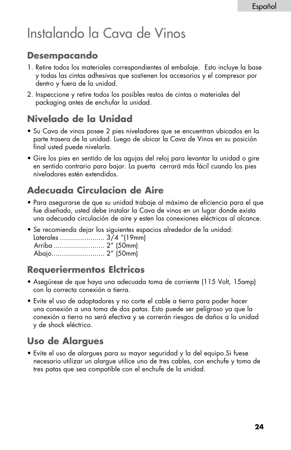 Instalando la cava de vinos, Desempacando, Nivelado de la unidad | Adecuada circulacion de aire, Requeriermentos elctricos, Uso de alargues | haier HBCN05FVS User Manual | Page 25 / 32