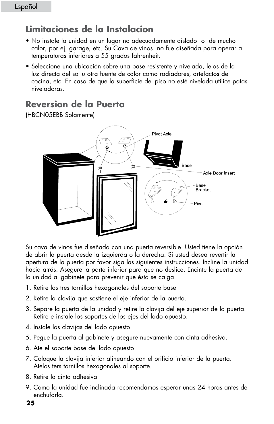 Limitaciones de la instalacion, Reversion de la puerta | haier HBCN05FVS User Manual | Page 26 / 32