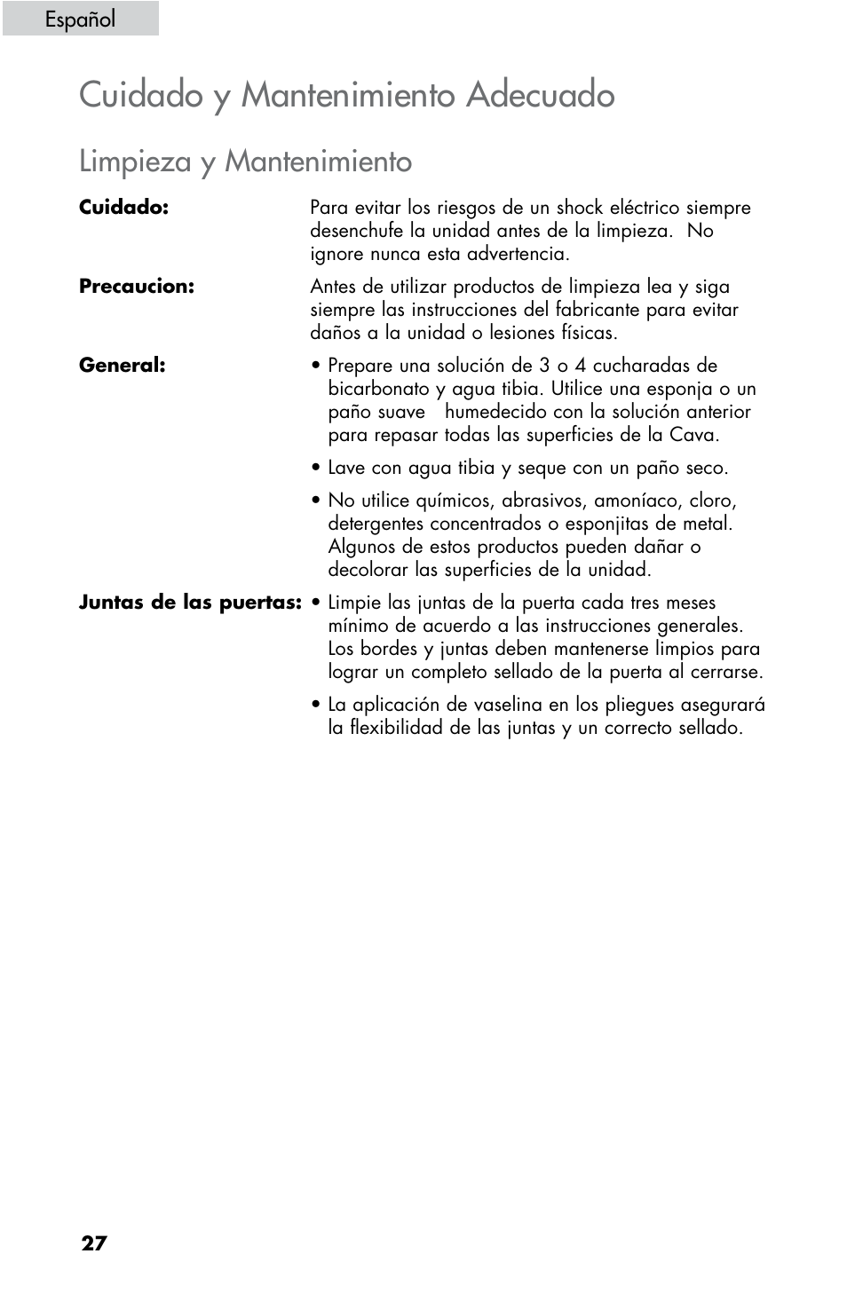 Cuidado y mantenimiento adecuado, Limpieza y mantenimiento | haier HBCN05FVS User Manual | Page 28 / 32