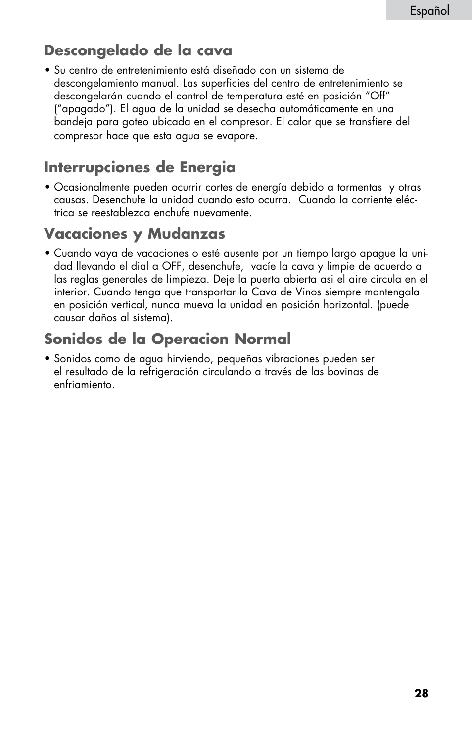 Descongelado de la cava, Interrupciones de energia, Vacaciones y mudanzas | Sonidos de la operacion normal | haier HBCN05FVS User Manual | Page 29 / 32