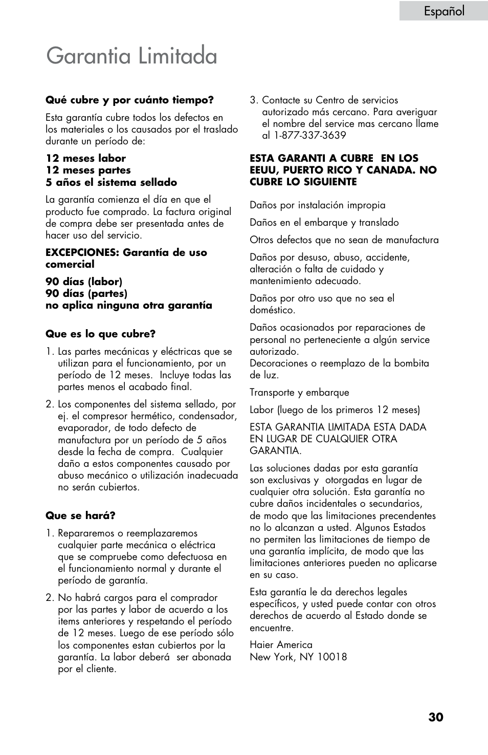 Garantia limitada, Español | haier HBCN05FVS User Manual | Page 31 / 32