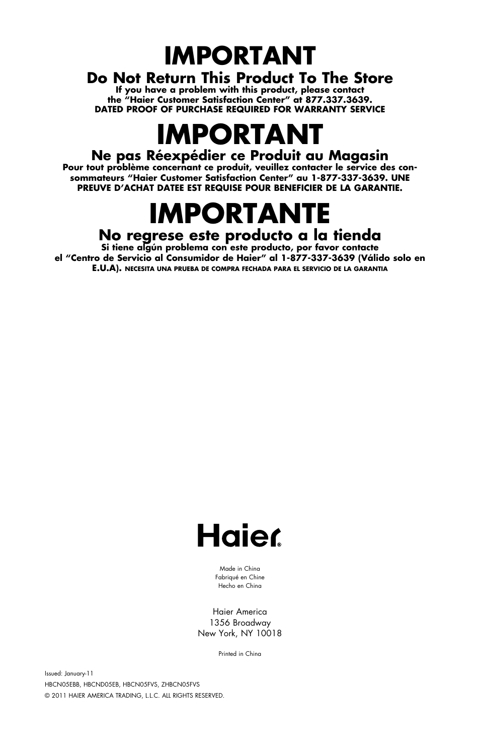 Importante, Important, Do not return this product to the store | No regrese este producto a la tienda, Ne pas réexpédier ce produit au magasin | haier HBCN05FVS User Manual | Page 32 / 32