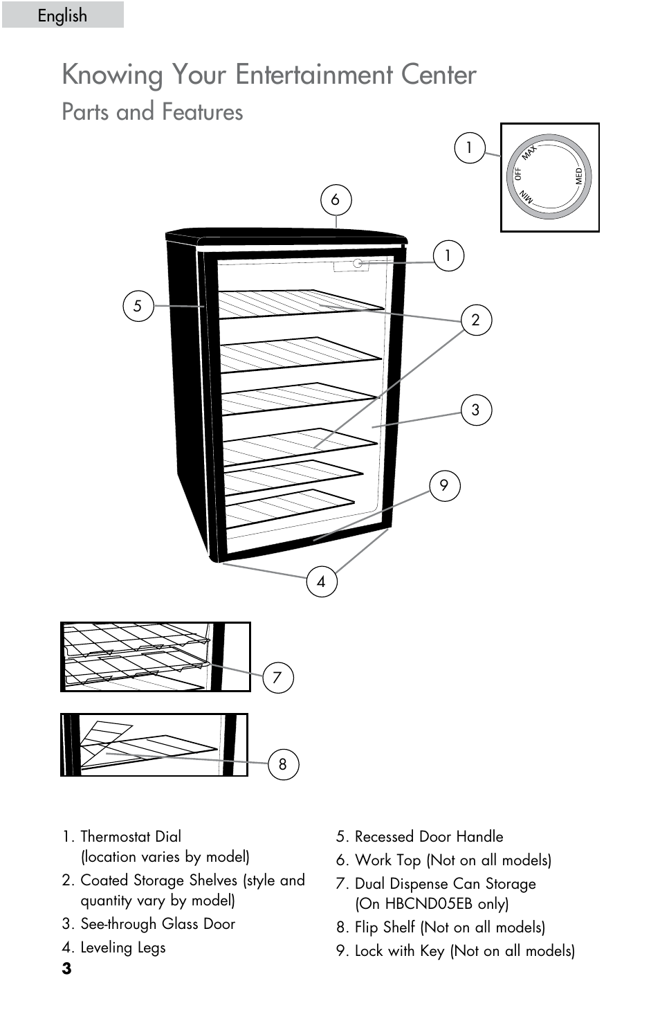 Knowing your entertainment center, Parts and features | haier HBCN05FVS User Manual | Page 4 / 32