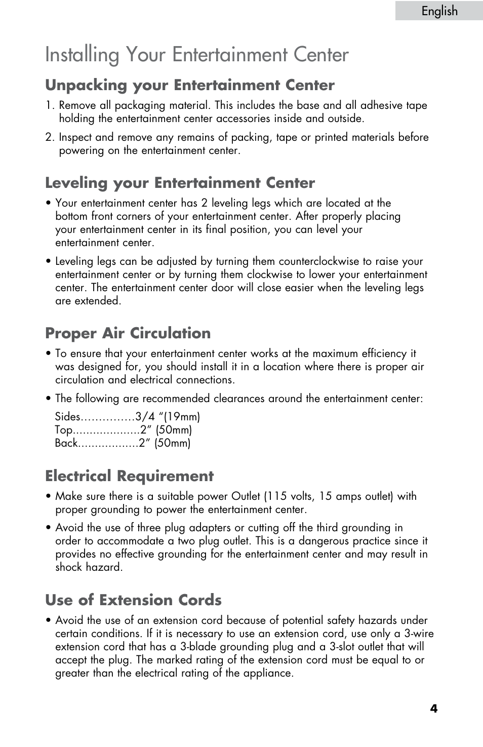 Installing your entertainment center, Unpacking your entertainment center, Leveling your entertainment center | Proper air circulation, Electrical requirement, Use of extension cords | haier HBCN05FVS User Manual | Page 5 / 32