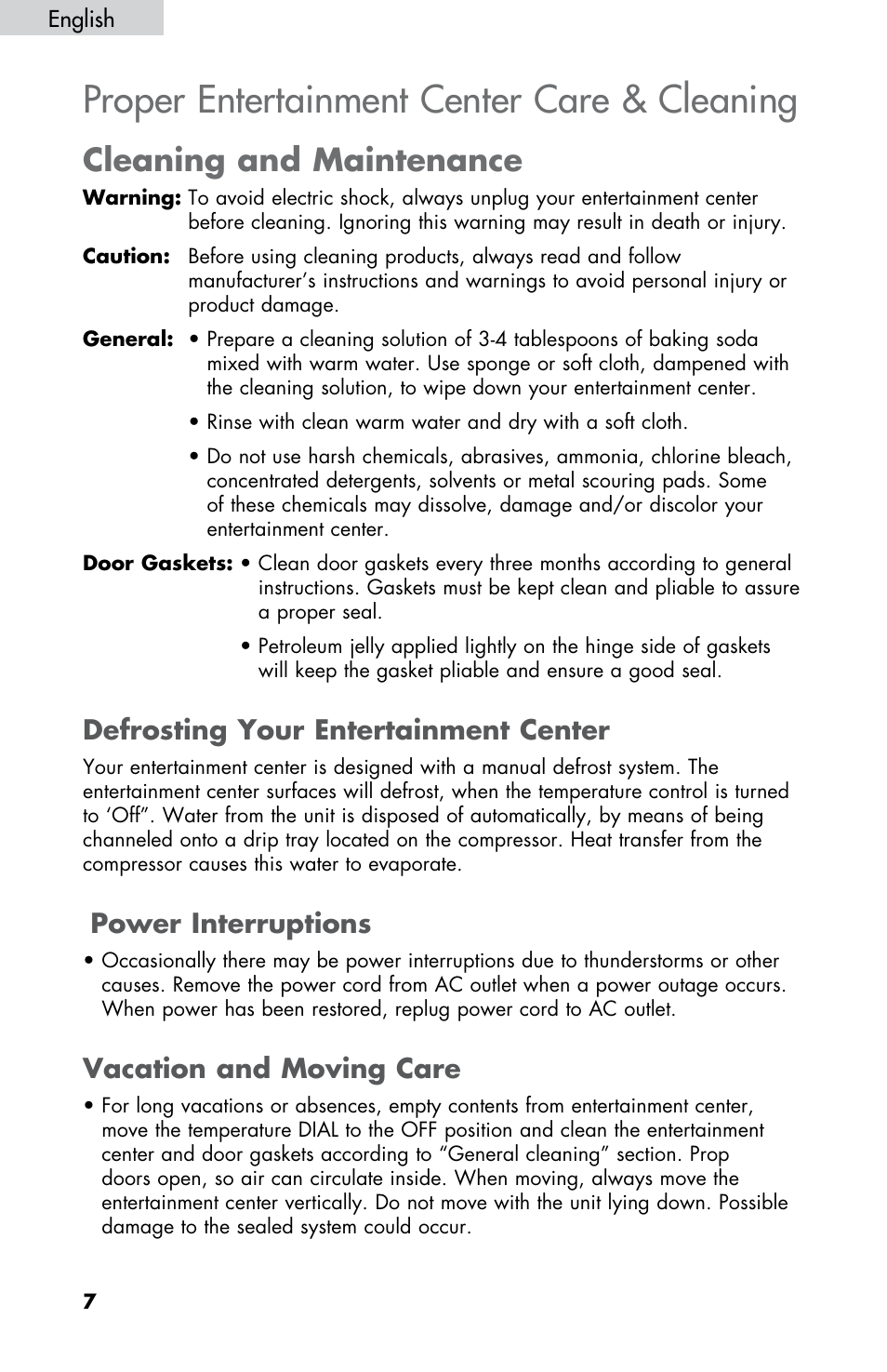 Proper entertainment center care & cleaning, Cleaning and maintenance, Defrosting your entertainment center | Power interruptions, Vacation and moving care | haier HBCN05FVS User Manual | Page 8 / 32