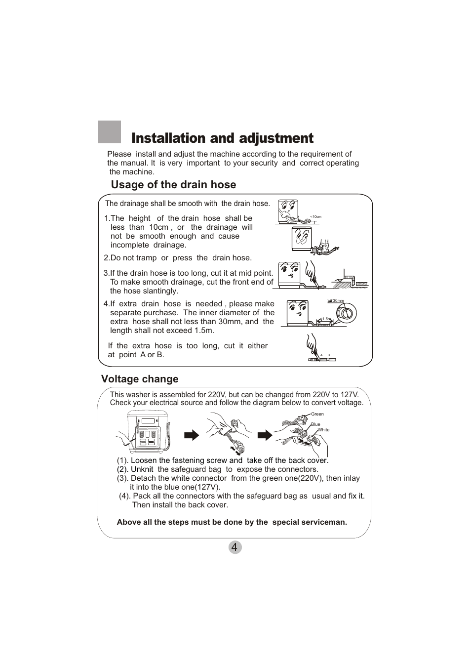 Installation and adjustment, 4usage of the drain hose, Voltage change | haier HWM130-0713S User Manual | Page 6 / 18