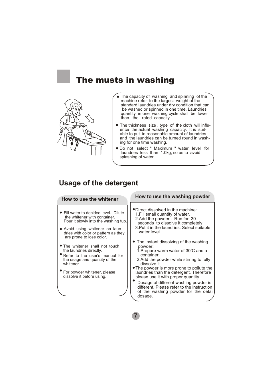 The musts in washing, Usage of the detergent | haier HWM130-0713S User Manual | Page 9 / 18