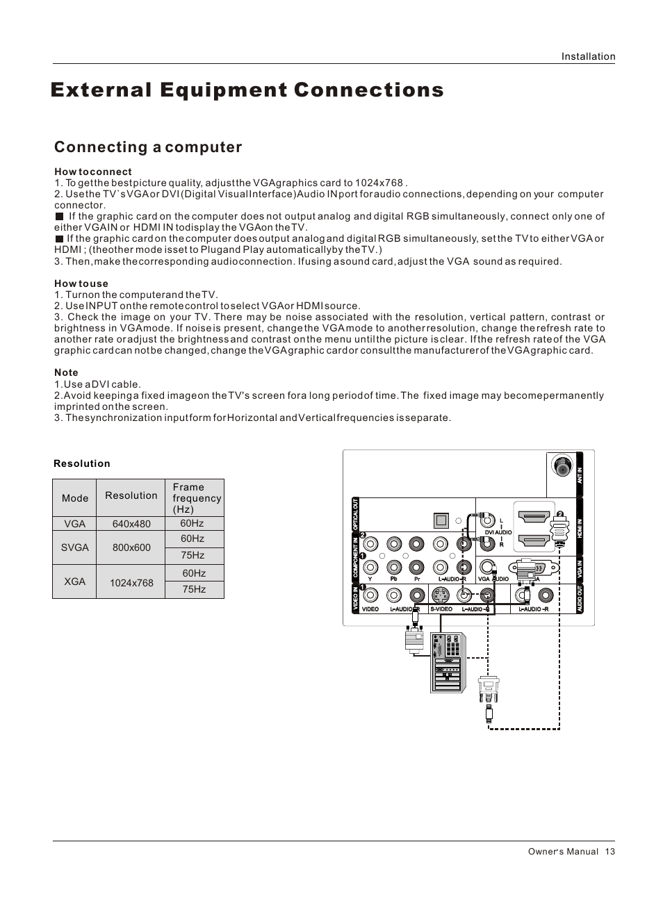Т³гж 14, External equipment connections, Connecting a computer | Installation 75hz, 75hz, Owner s manual 13 | haier HLC26R1 User Manual | Page 13 / 42